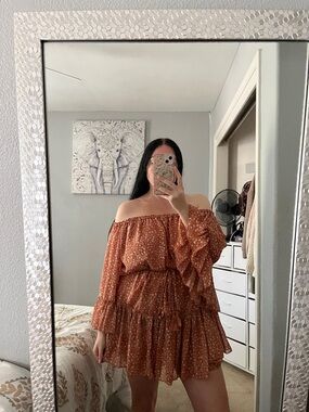 Off-Shoulder Rust Floral Mini Dress L Large M Medium